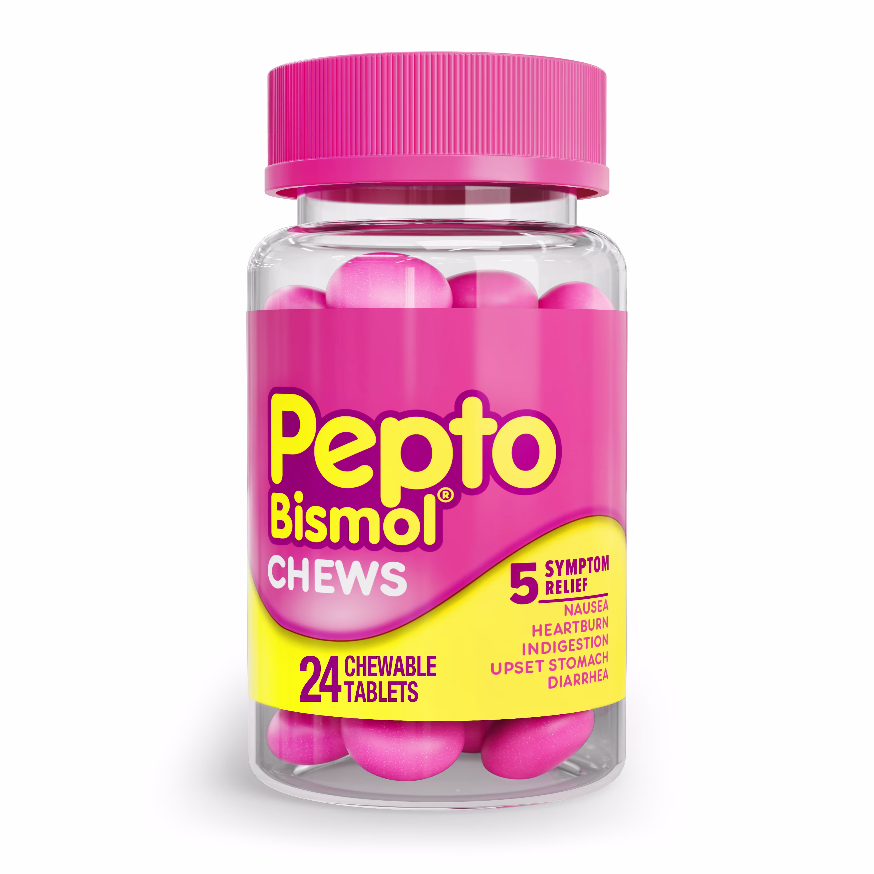 A bottle of Pepto Bismol chewable tablets.