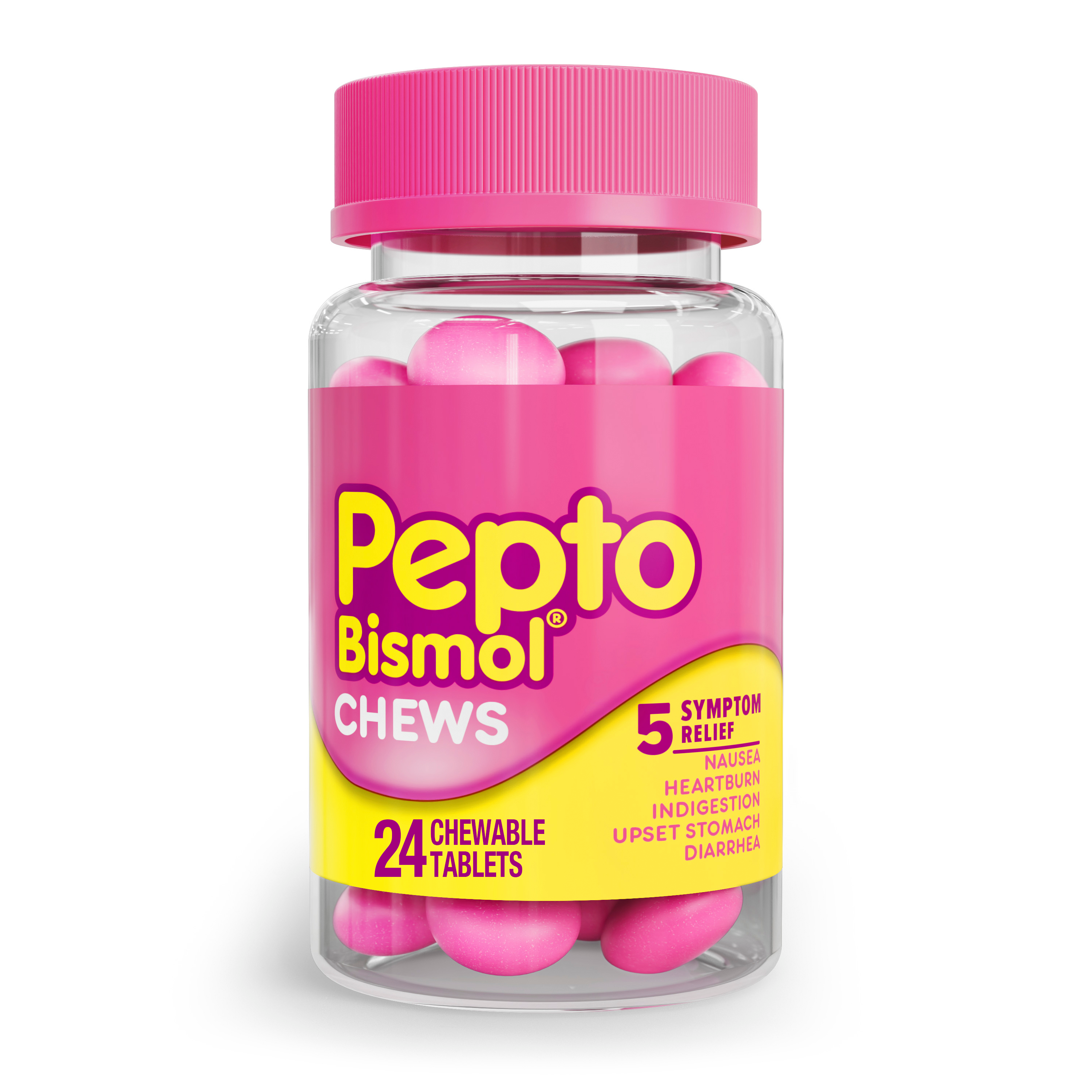 A bottle of Pepto Bismol chewable tablets.