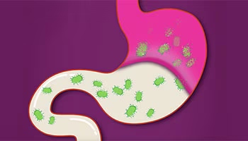 Illustration of stomach with bacteria inside on purple background.