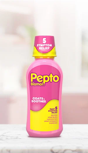 A bottle of Pepto Bismol 5 symptoms relief Liquid.