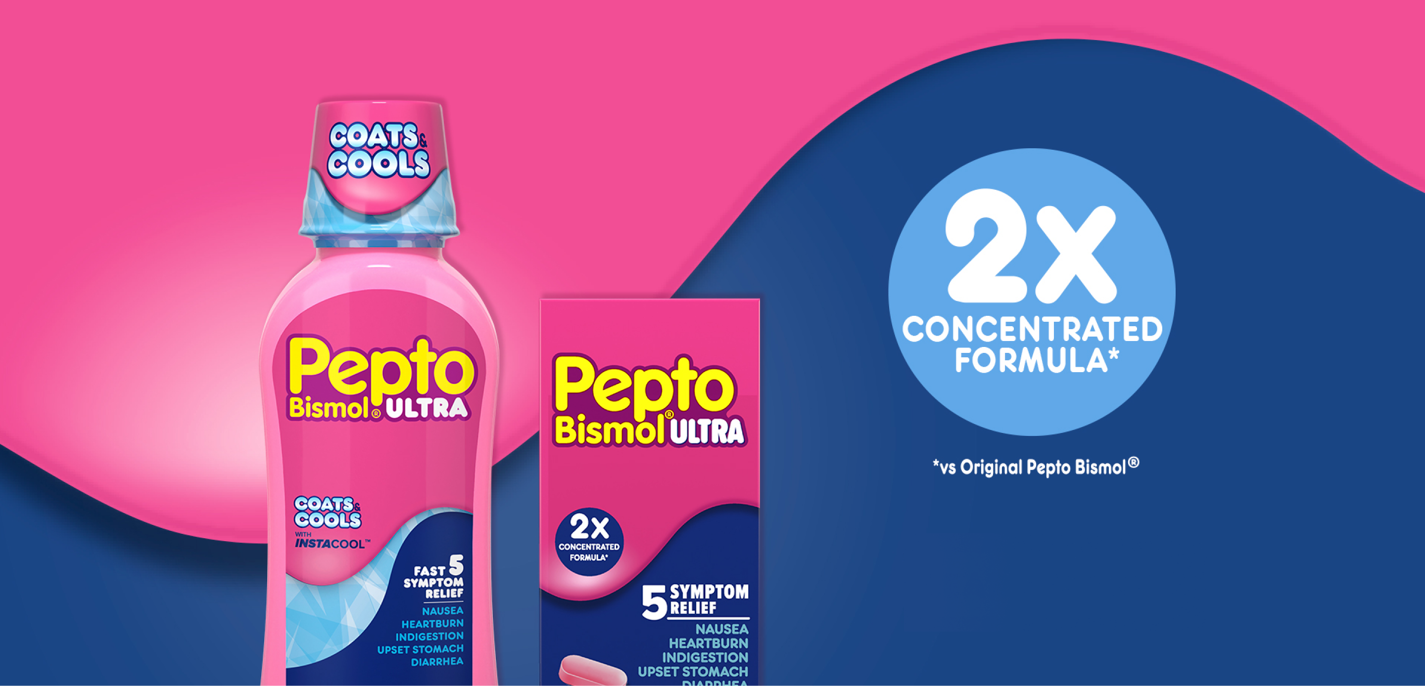 Bottles of Pepto Bismol Ultra 5 symptoms relief Liquid and caplets with the text "2X concentrated formula" in a blue circle next to it.