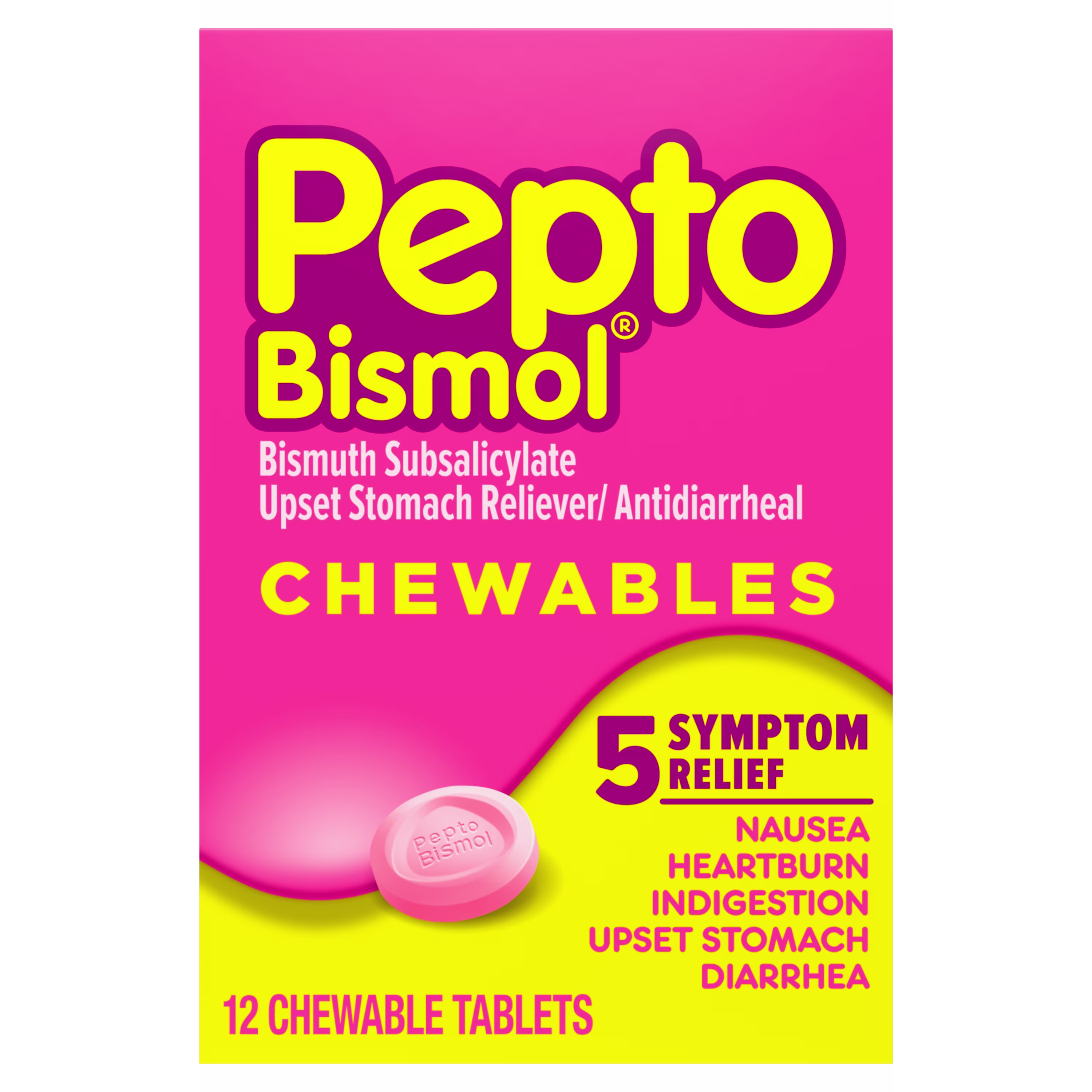 Pepto Bismol 5 symptoms relief chewable tablets package.