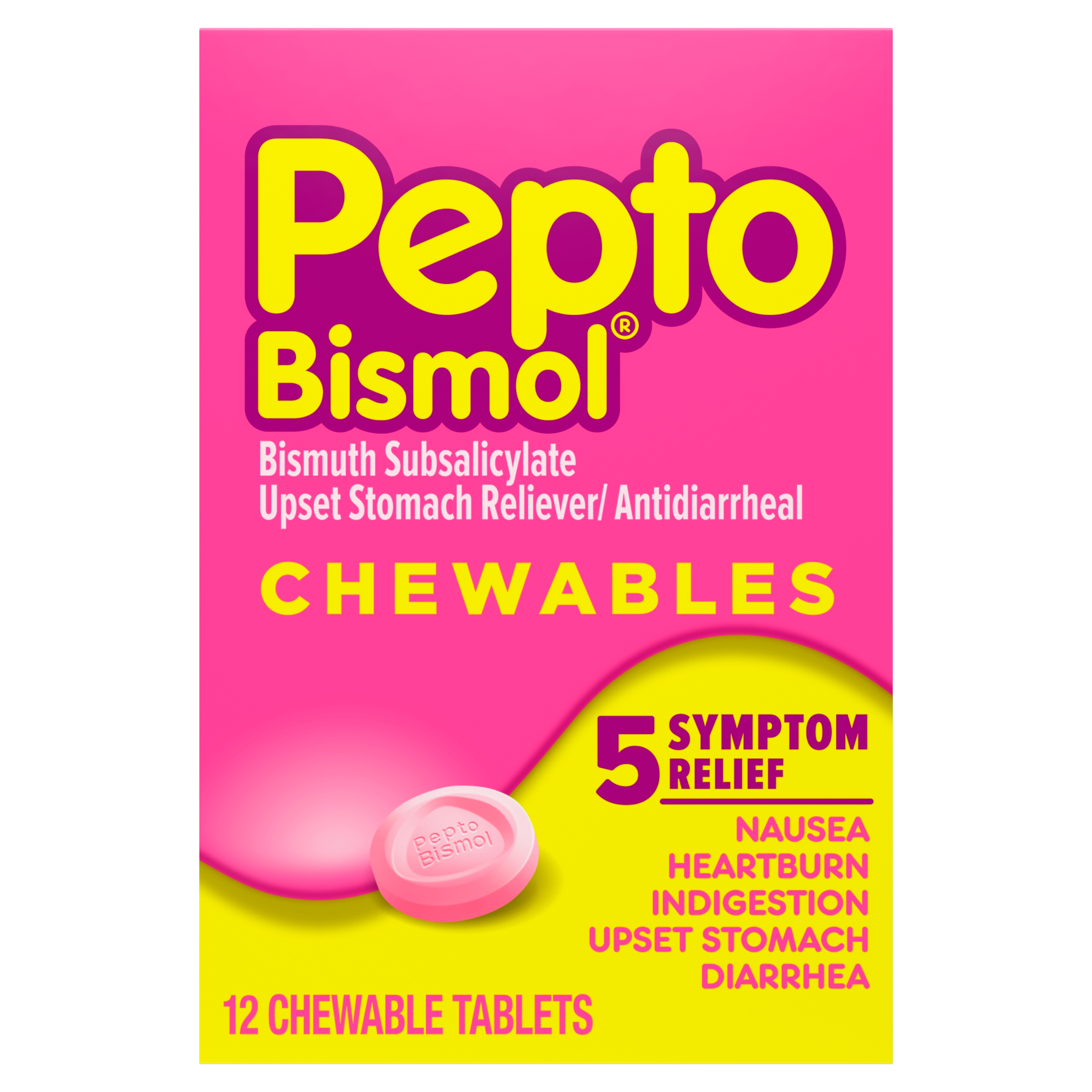 Pepto Bismol 5 symptoms relief chewable tablets package.