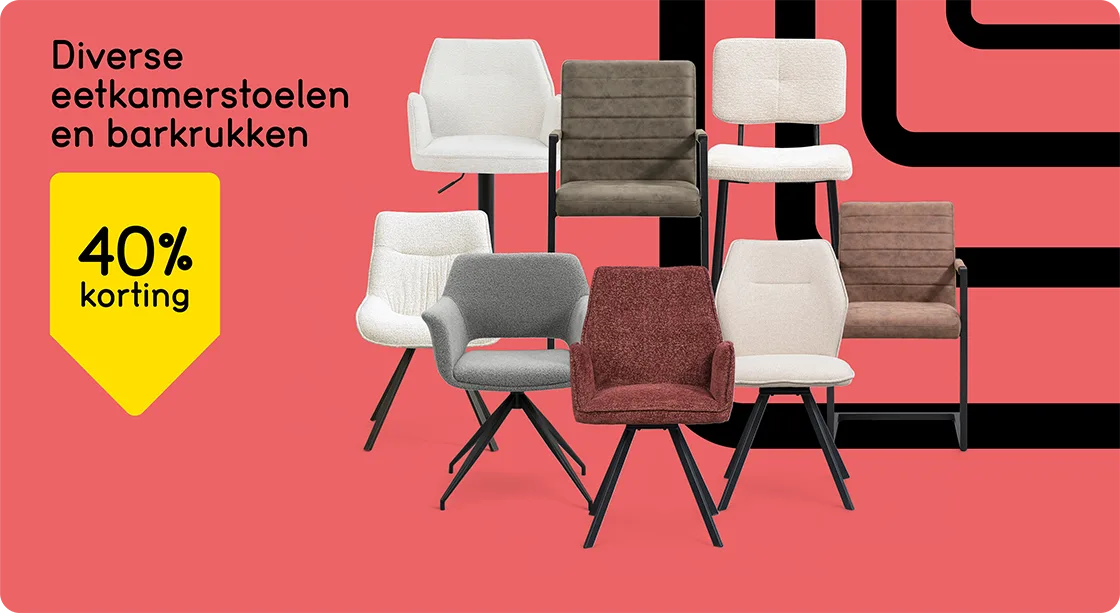Alle eetkamerstoelen en barkrukken Lizzy, Raffy, Lars, Gijs en Belle 40% korting