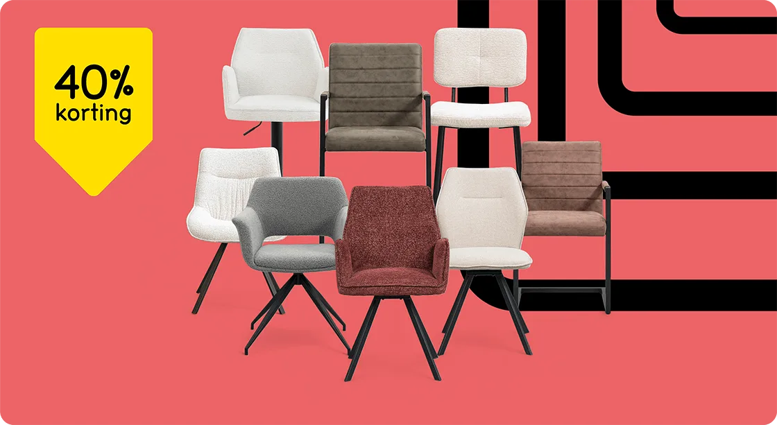 Alle eetkamerstoelen en barkrukken Lizzy, Raffy, Lars, Gijs en Belle 40% korting