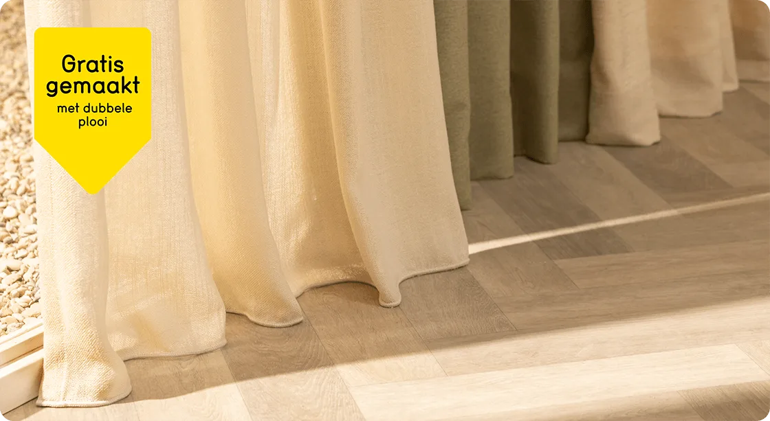 Alle gordijnen, vitrages en inbetweens op maat gratis gemaakt met dubbele plooi