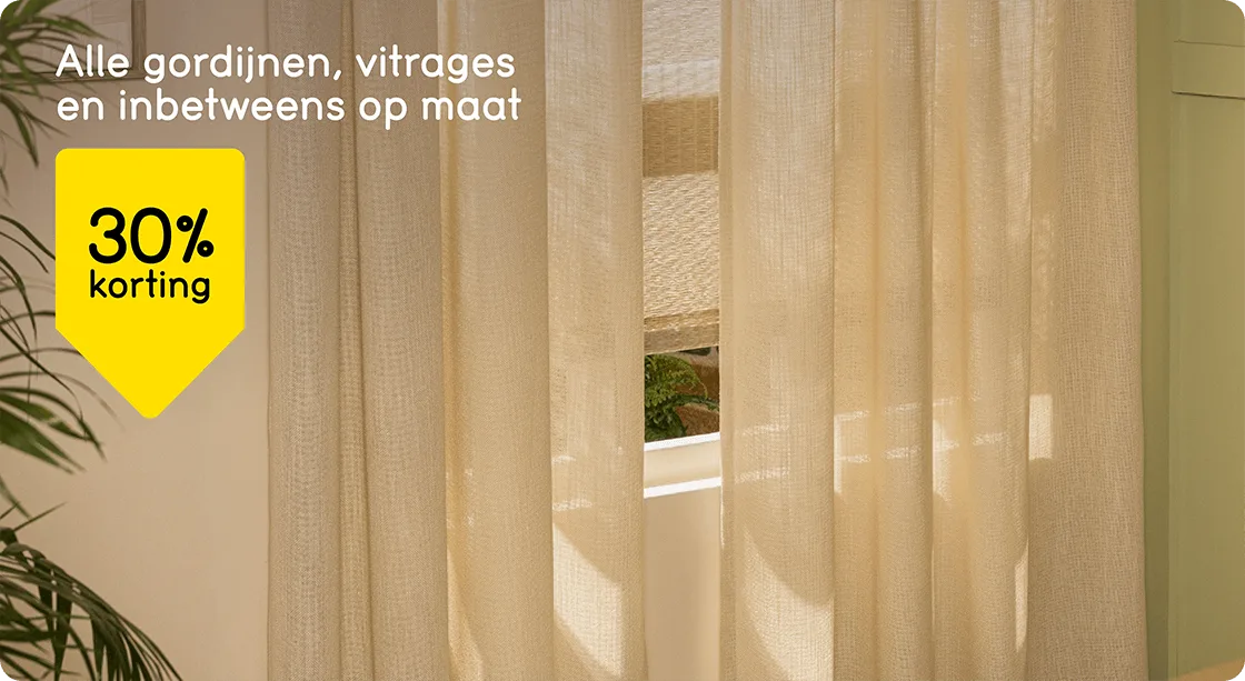 Alle gordijnen, vitrages en inbetweens op maat 30% korting