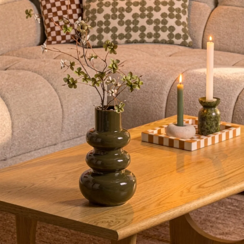 Donkergroene vaas met takken op een houten salontafel naast een kaars.