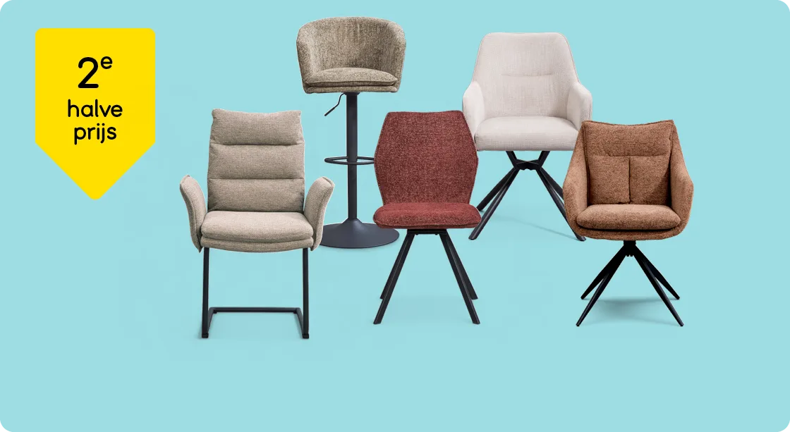 Heel veel eetkamerstoelen en barkrukken 2e halve prijs