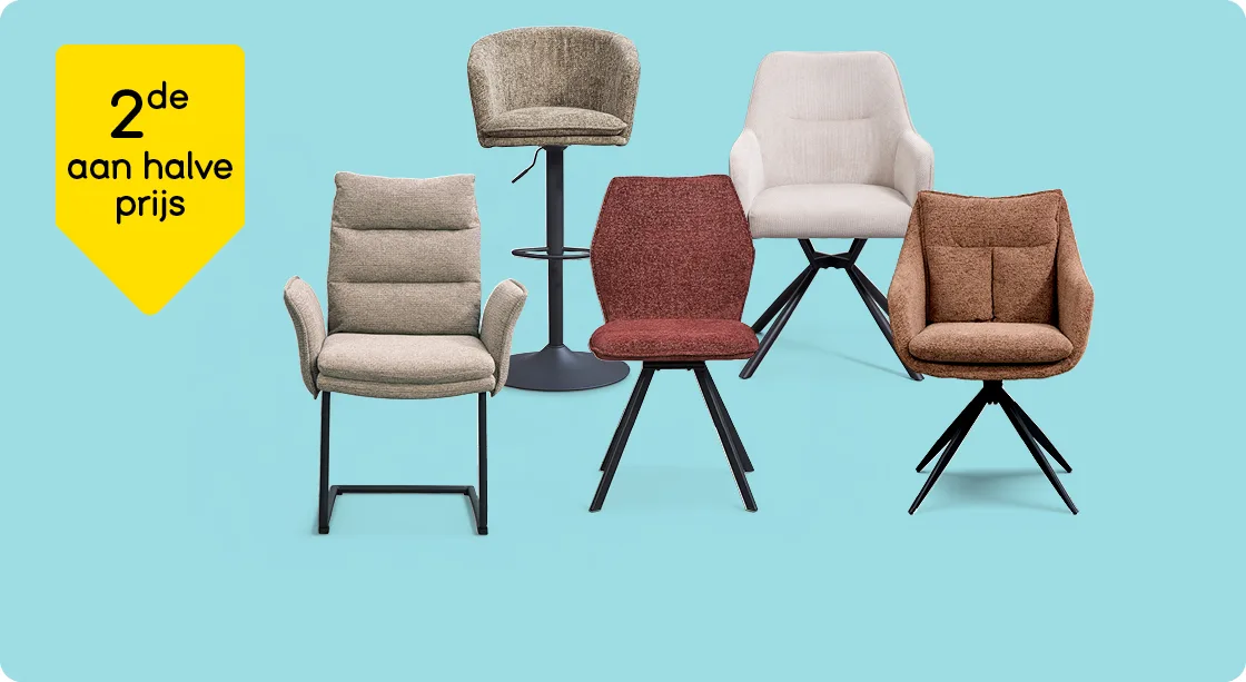 Heel veel eetkamerstoelen en barkrukken 2de aan halve prijs