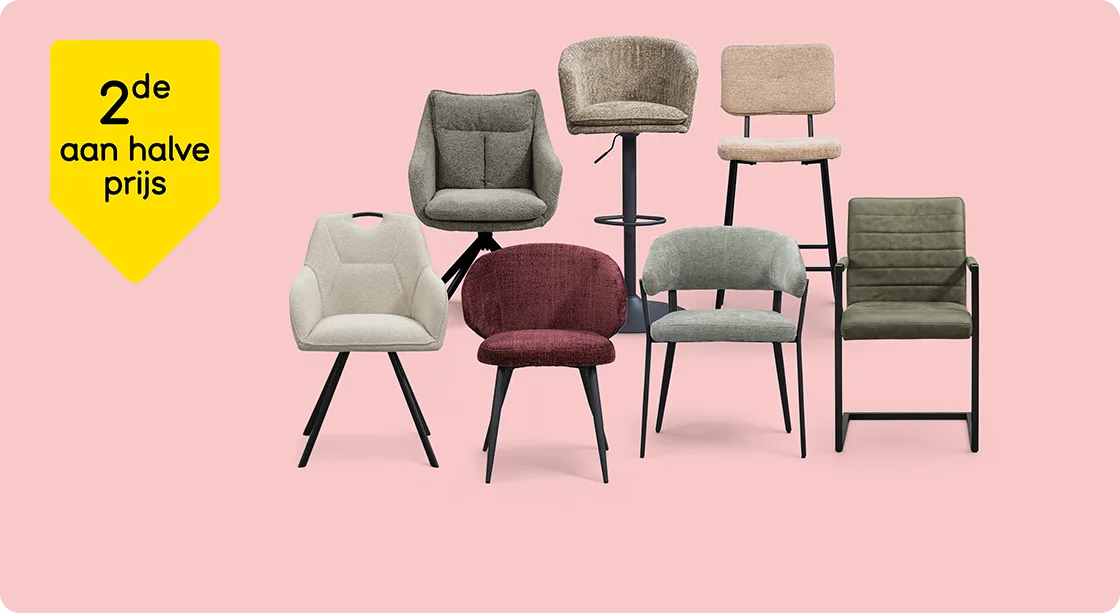 Heel veel eetkamerstoelen en barkrukken 2de aan halve prijs