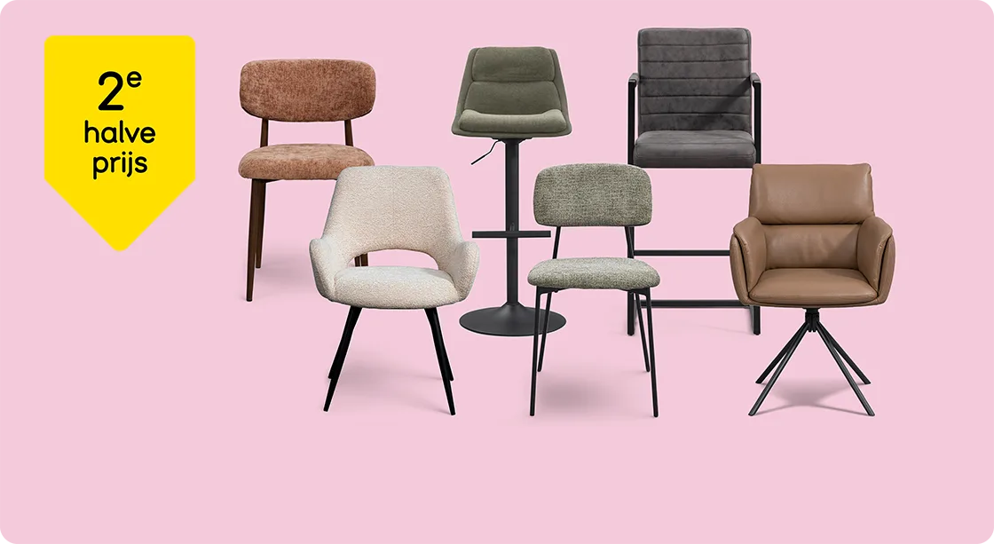 Heel veel eetkamerstoelen en barkrukken 2e halve prijs