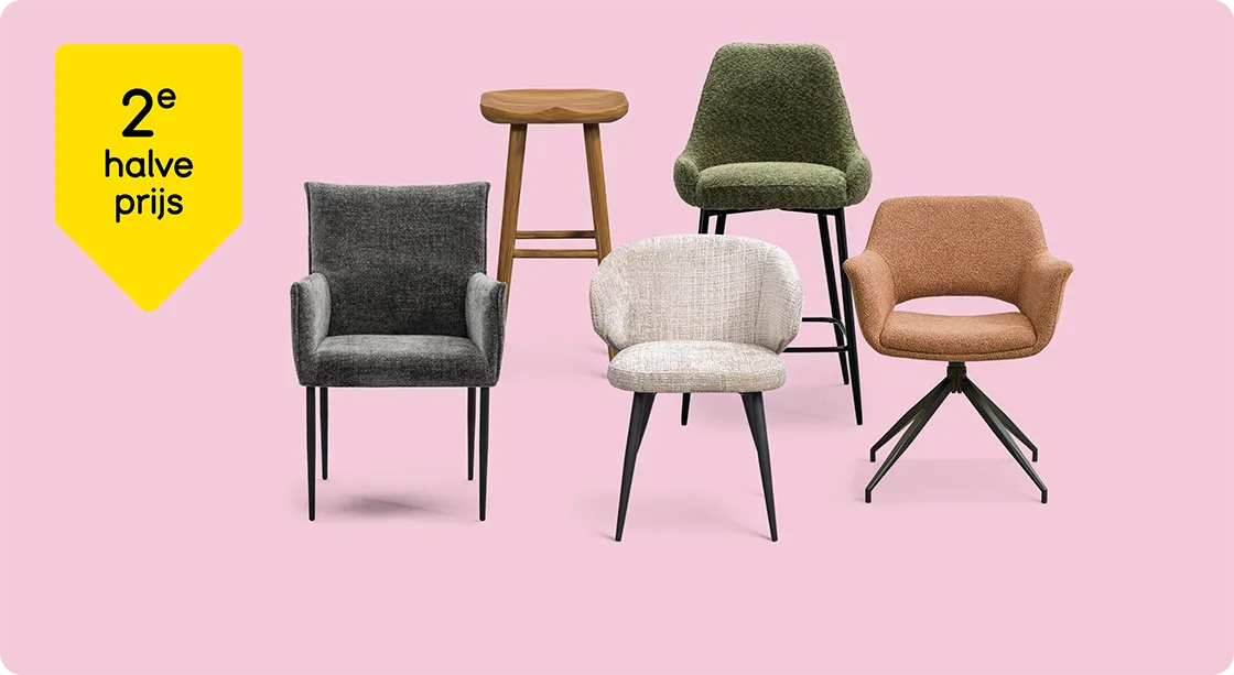 Heel veel eetkamerstoelen en barkrukken 2e halve prijs