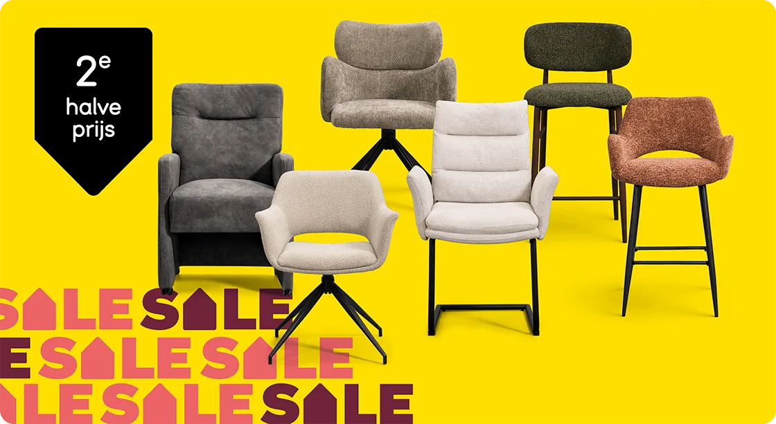 Alle eetkamerstoelen en barkrukken 2e halve prijs
