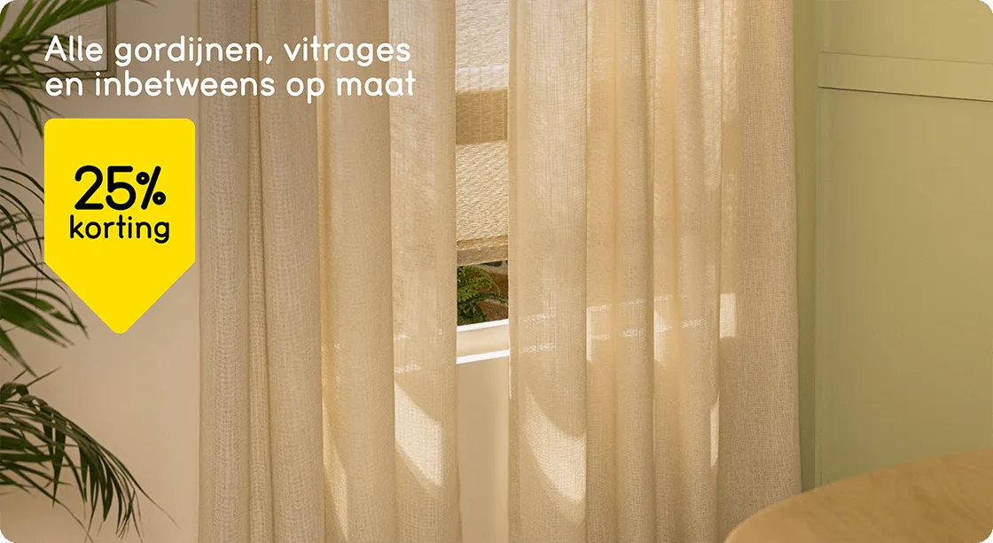 Alle gordijnen, vitrages en inbetweens op maat 25% korting