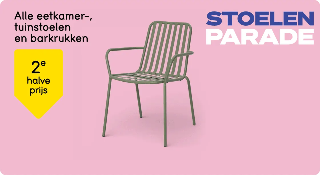 Alle eetkamer-, tuinstoelen en barkrukken 2e halve prijs