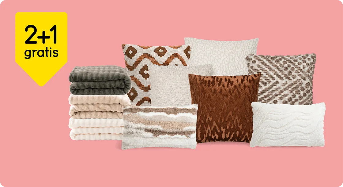 Alle sier-, zit-, matras-, woonkussens, plaids en kussenhoezen 2+1 gratis*