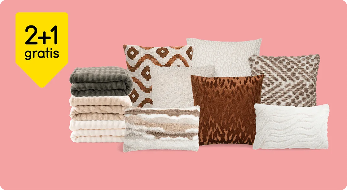 Alle sier-, zit-, matras-, woonkussens, plaids en kussenhoezen 2+1 gratis*