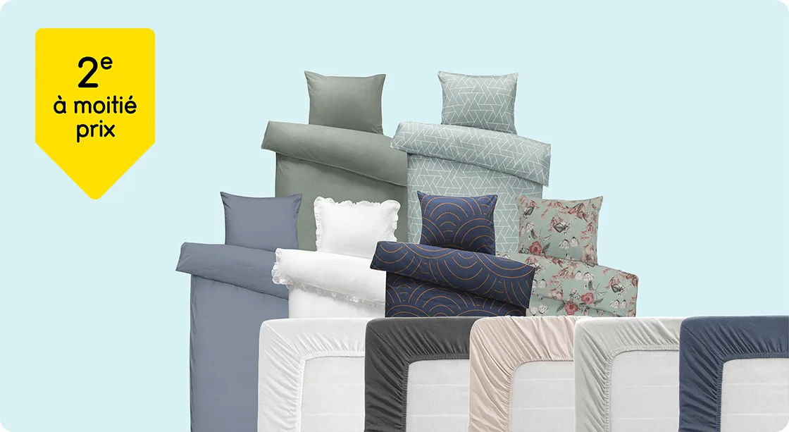 Toutes les parures de couette et tous les draps-housses 2e à moitié prix*