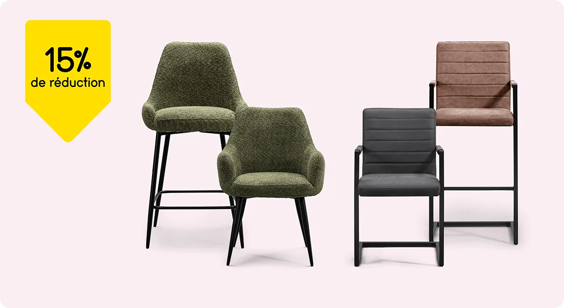 Toutes les chaises de salle à manger et tous les tabourets de bar Noah et Lizzy 15% de réduction