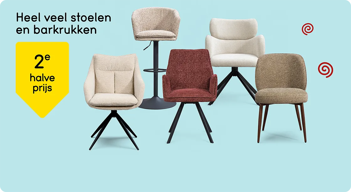 Heel veel stoelen en barkrukken 2e halve prijs