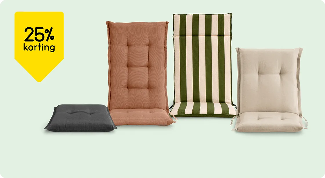 Alle zit- en terrasstoelkussens 25% korting