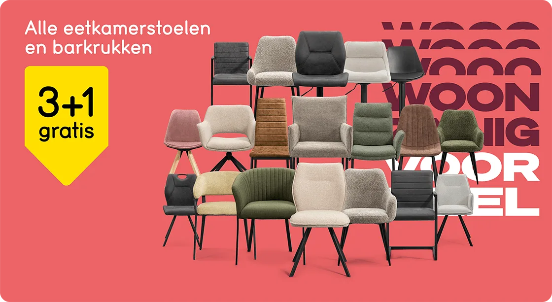 3+1 gratis op alle eetkamerstoelen en barkrukken