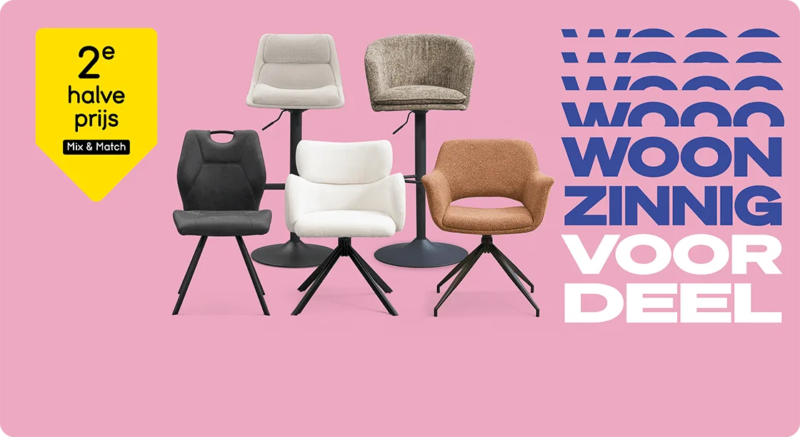 Alle eetkamerstoelen en barkrukken 2e halve prijs*