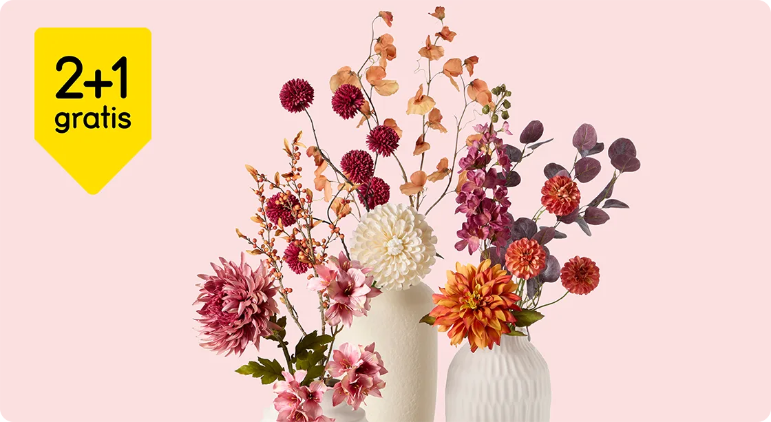 Alle droog- en kunstbloemen 2+1 gratis