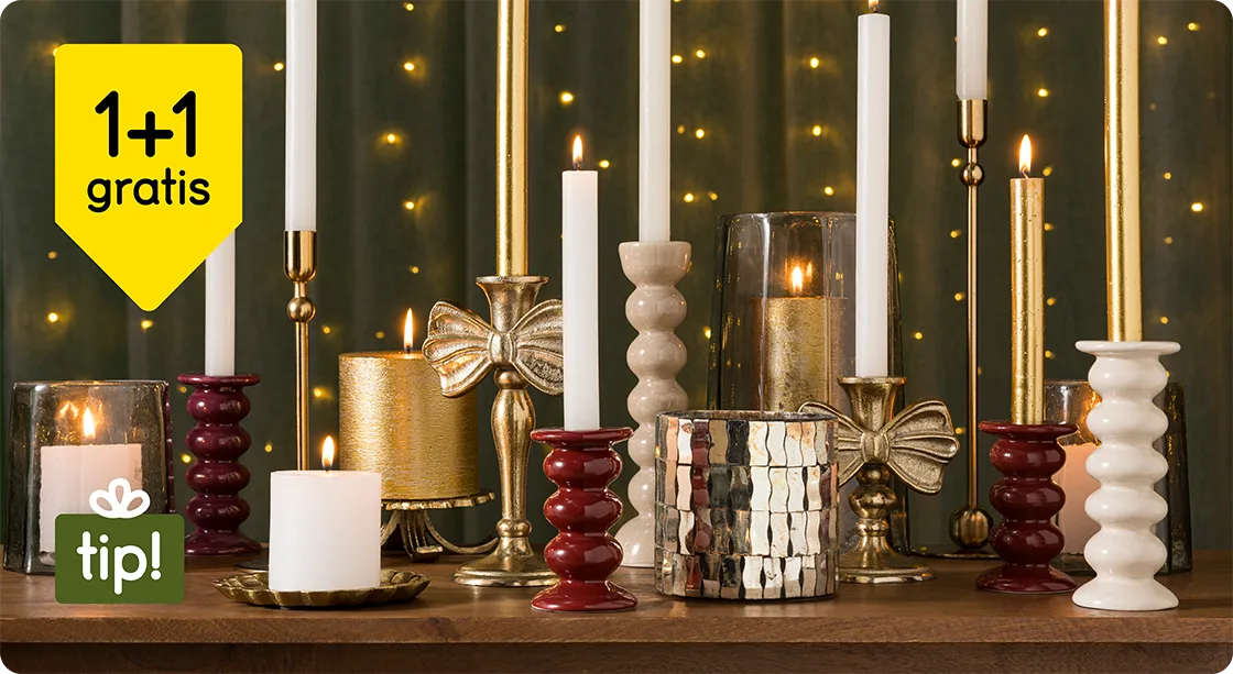Alle kandelaren, theelichthouders en lantaarns 1+1 gratis