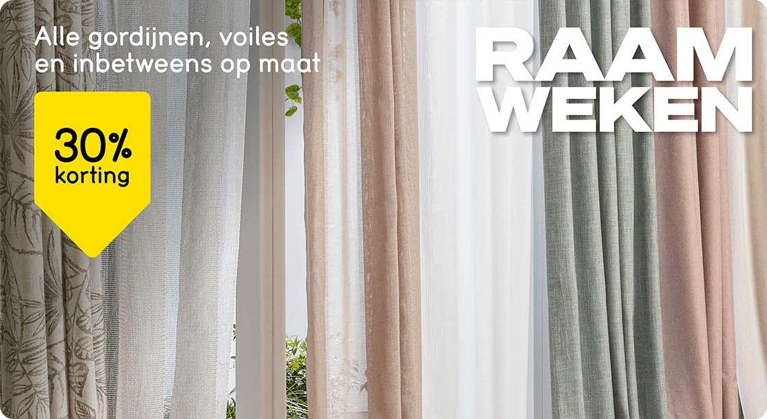 Alle gordijnen, voiles en inbetweens op maat 30% korting*