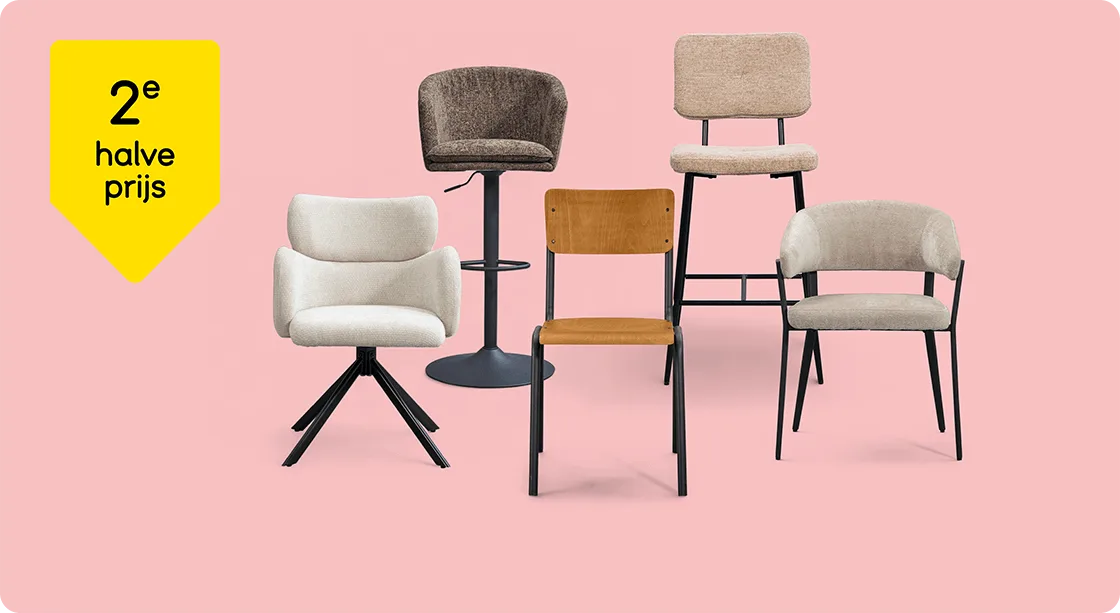 Diverse eetkamerstoelen en barkrukken 2e halve prijs