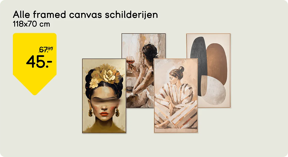 Alle framed canvas schilderijen 118x70cm van 67,99 voor 45,-