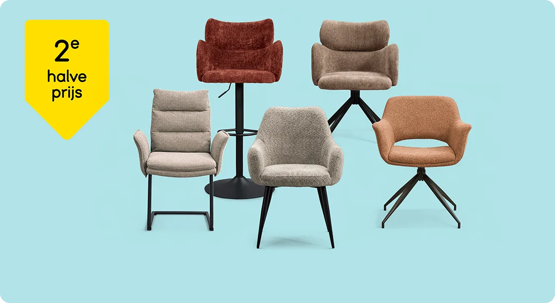 WK 22/23 Heel veel eetkamerstoelen en barkukken 2e halve prijs