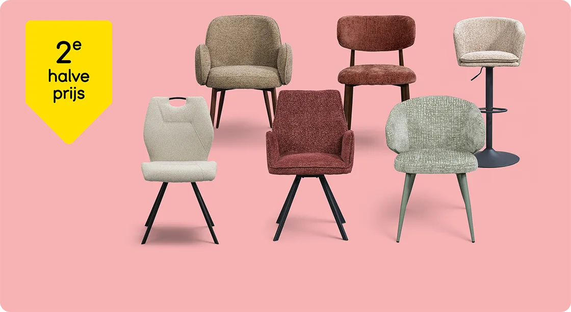 Alle eetkamerstoelen en barkrukken 2e halve prijs