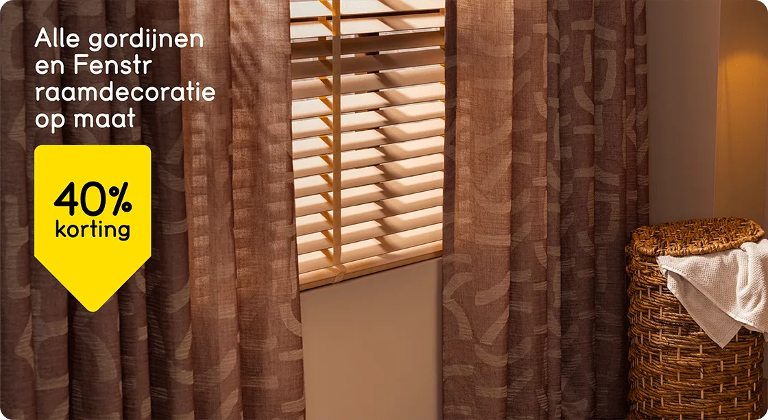 Alle gordijnen, vitrages, inbetweens en raamdecoratie op maat 40% korting