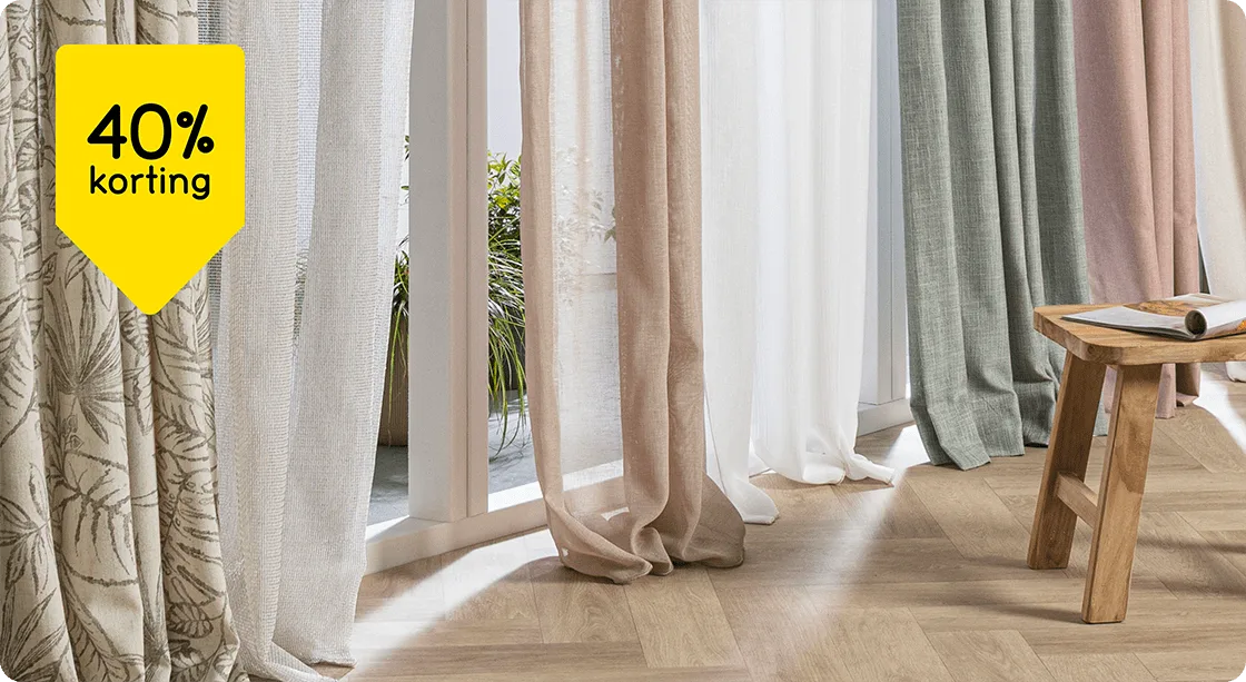 Alle gordijnen, vitrages, inbetweens en raamdecoratie op maat 40% korting