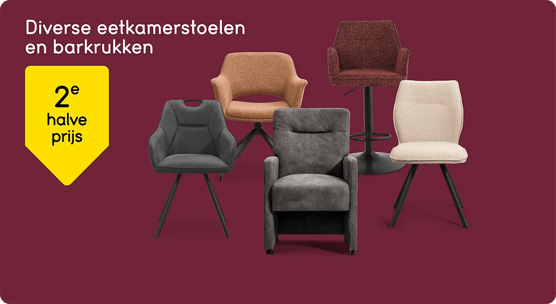 Diverse eetkamerstoelen en barkrukken 2e halve prijs