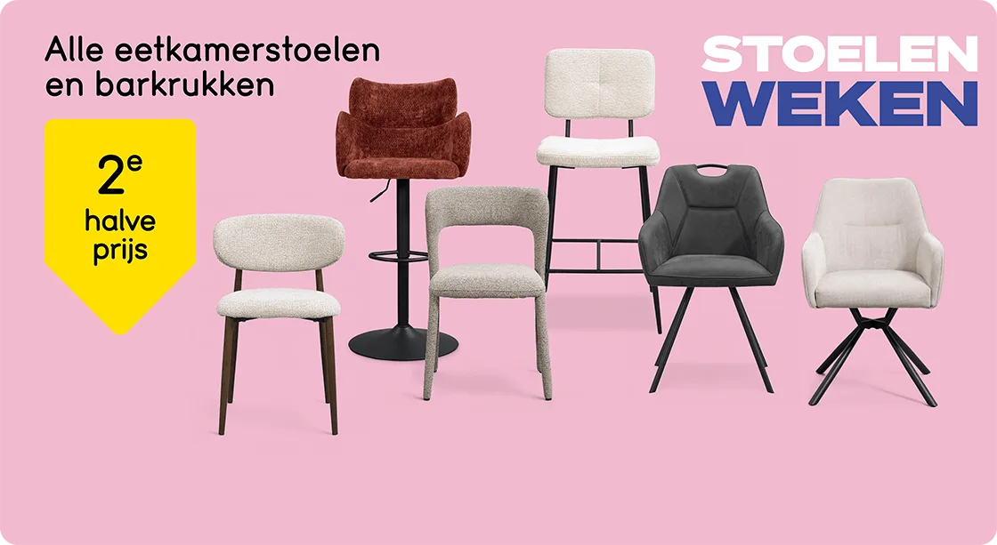 Alle eetkamerstoelen en barkrukken 2e halve prijs