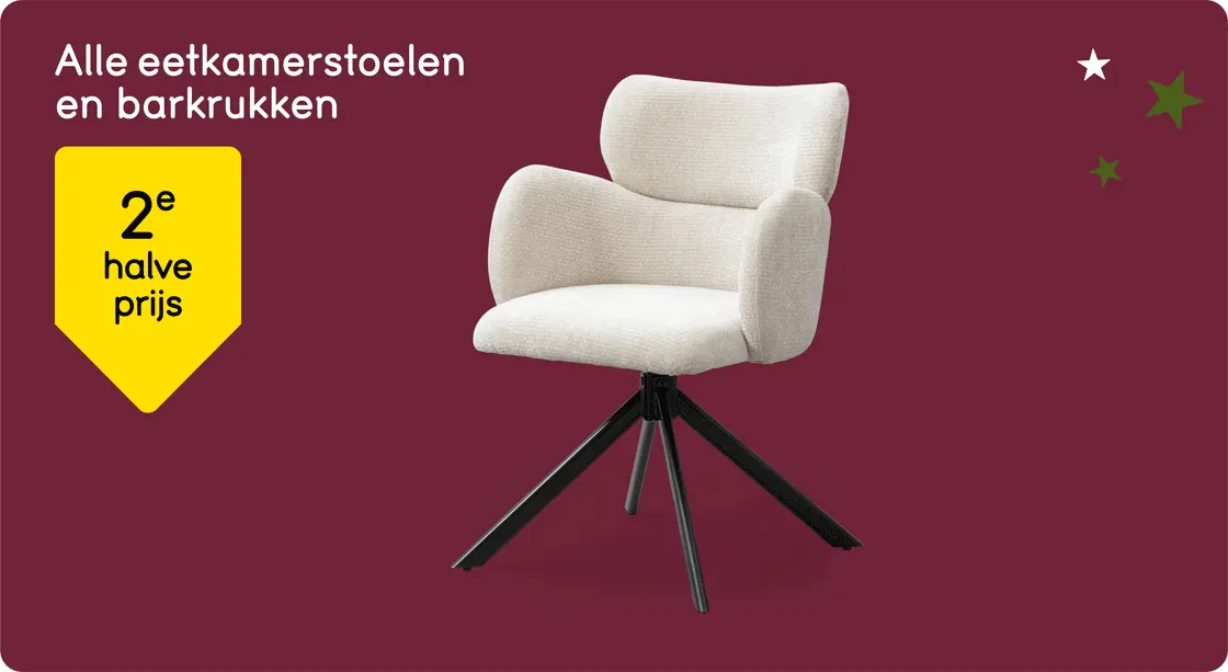 Alle eetkamerstoelen en barkukken 2e halve prijs