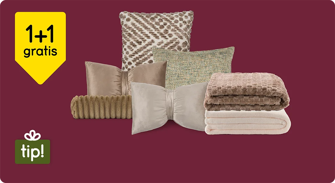 Alle sierkussens en plaids 1+1 gratis