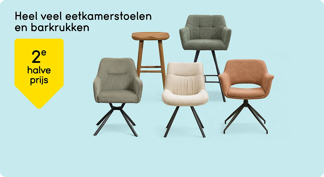 Heel veel eetkamerstoelen en barkrukken 2e halve prijs