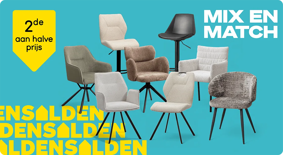 Heel veel eetkamerstoelen en barkrukken 2e halve prijs