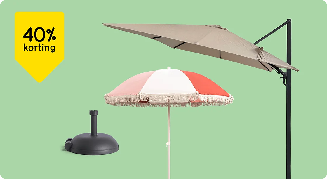 Alle parasols en parasolvoeten 40% korting