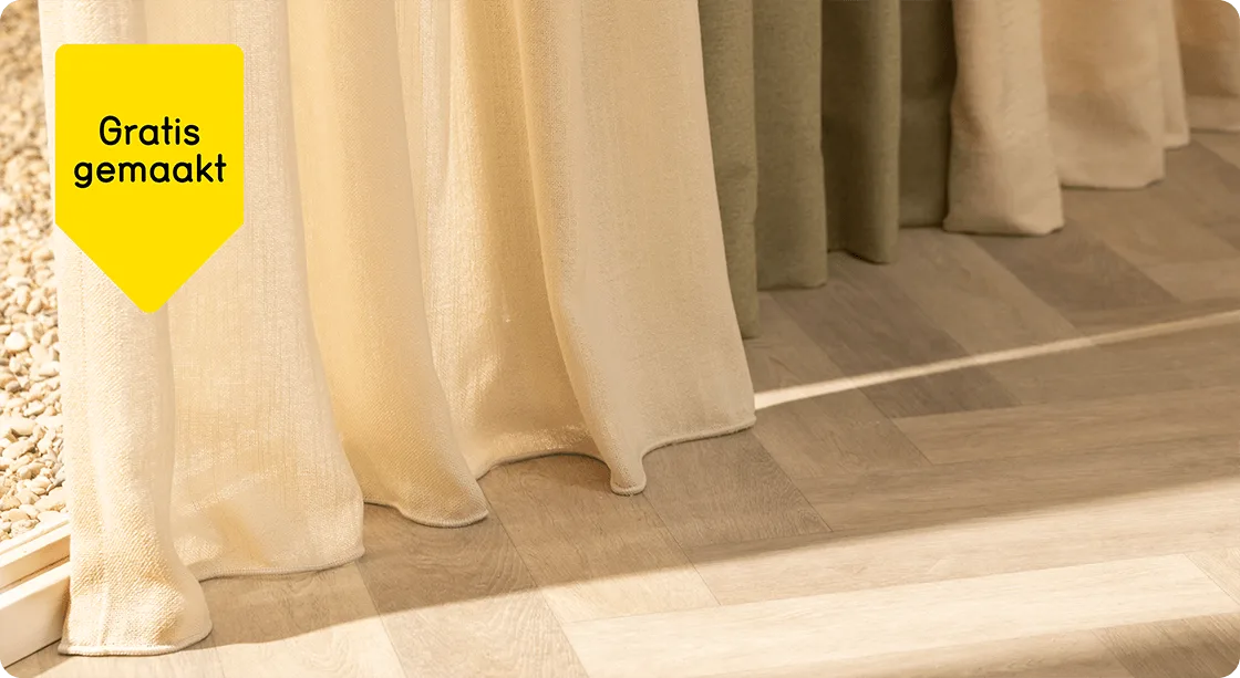 Alle gordijnen, vitrages en inbetweens gratis gemaakt met dubbele plooi