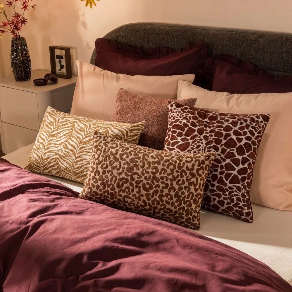 Bed met bordeaux dekbedovertrek en sierkussens met verschillende dierenprints.