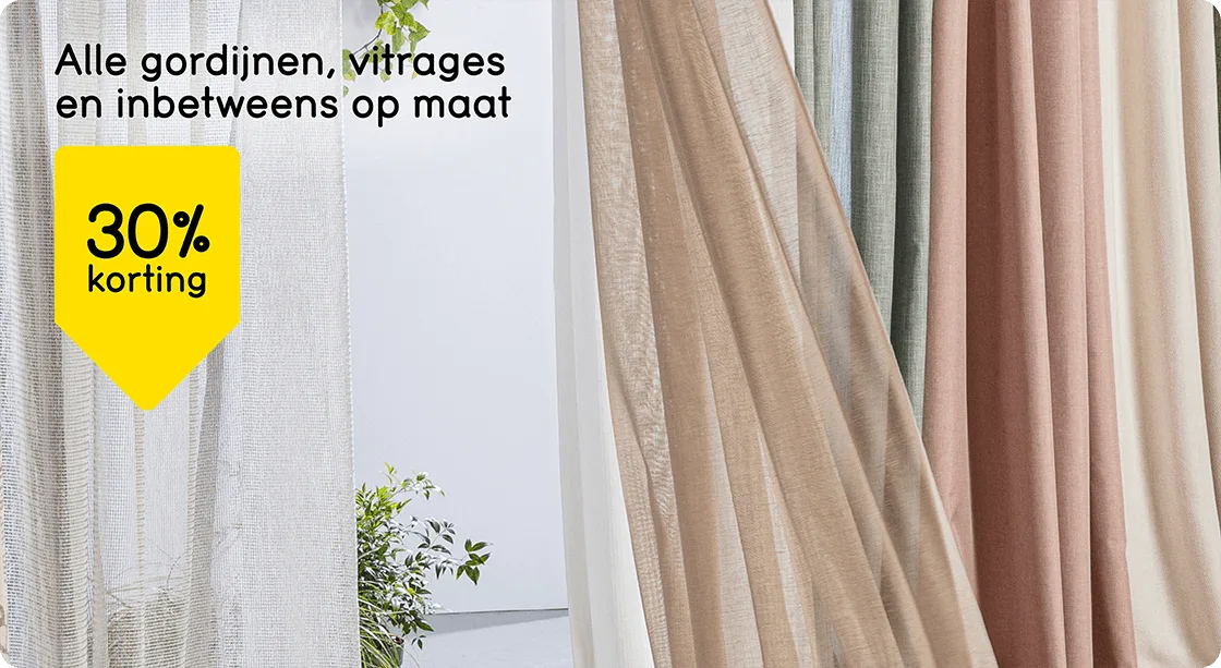 Alle gordijnen, vitrages en inbetweens op maat 30% korting