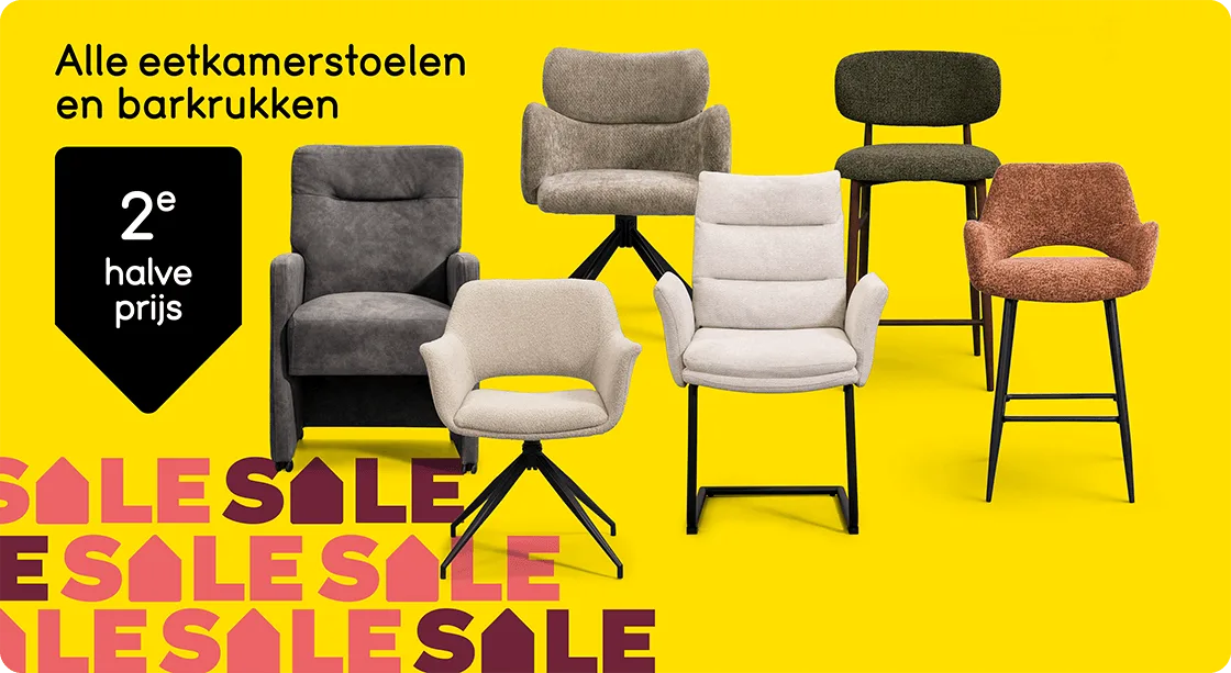 Alle eetkamerstoelen en barkrukken 2e halve prijs