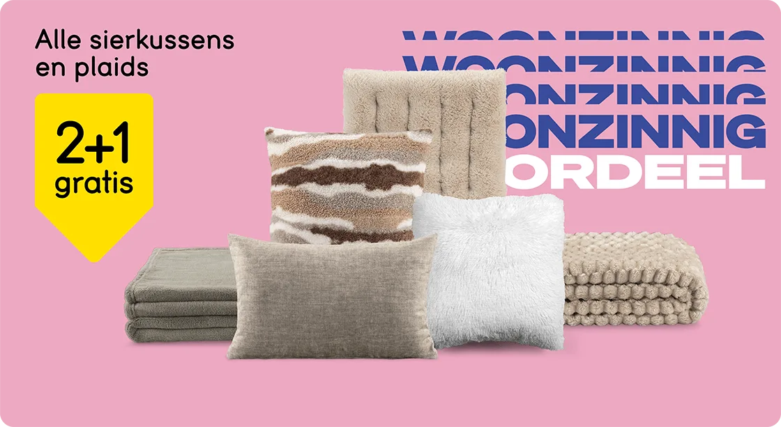 Alle sier-, woonkussens en plaids 2+1 gratis