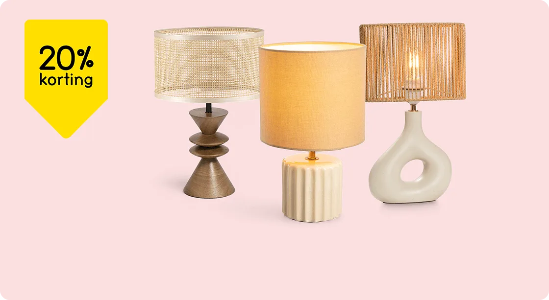 Alle tafel- en bureaulampen, lampvoeten en – kappen 20% korting